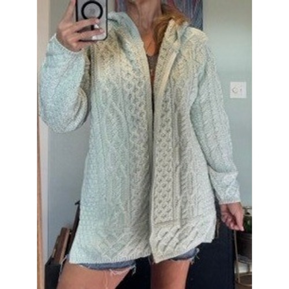 Aran Crafts Ireland Merino Wool Hooded Zip Cardigan Mint Green Sage Large NEW